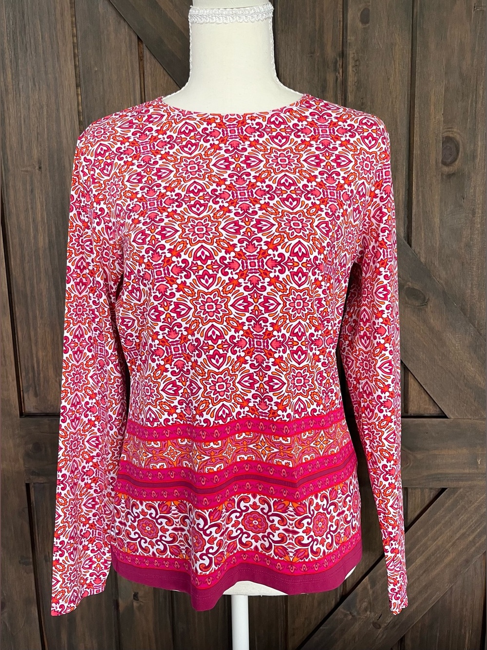 Lands' End UPF 50 Long Sleeve Rash Guard Swim Top | Pink Print | Women's Small - Picture 2 of 5
